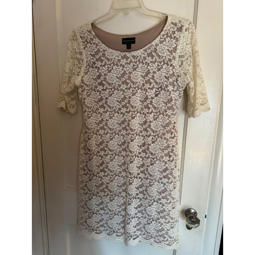 Connected Apparel  Size 12 Ivory Knee-Length Shift Dress Short‎ Sleeve Lace